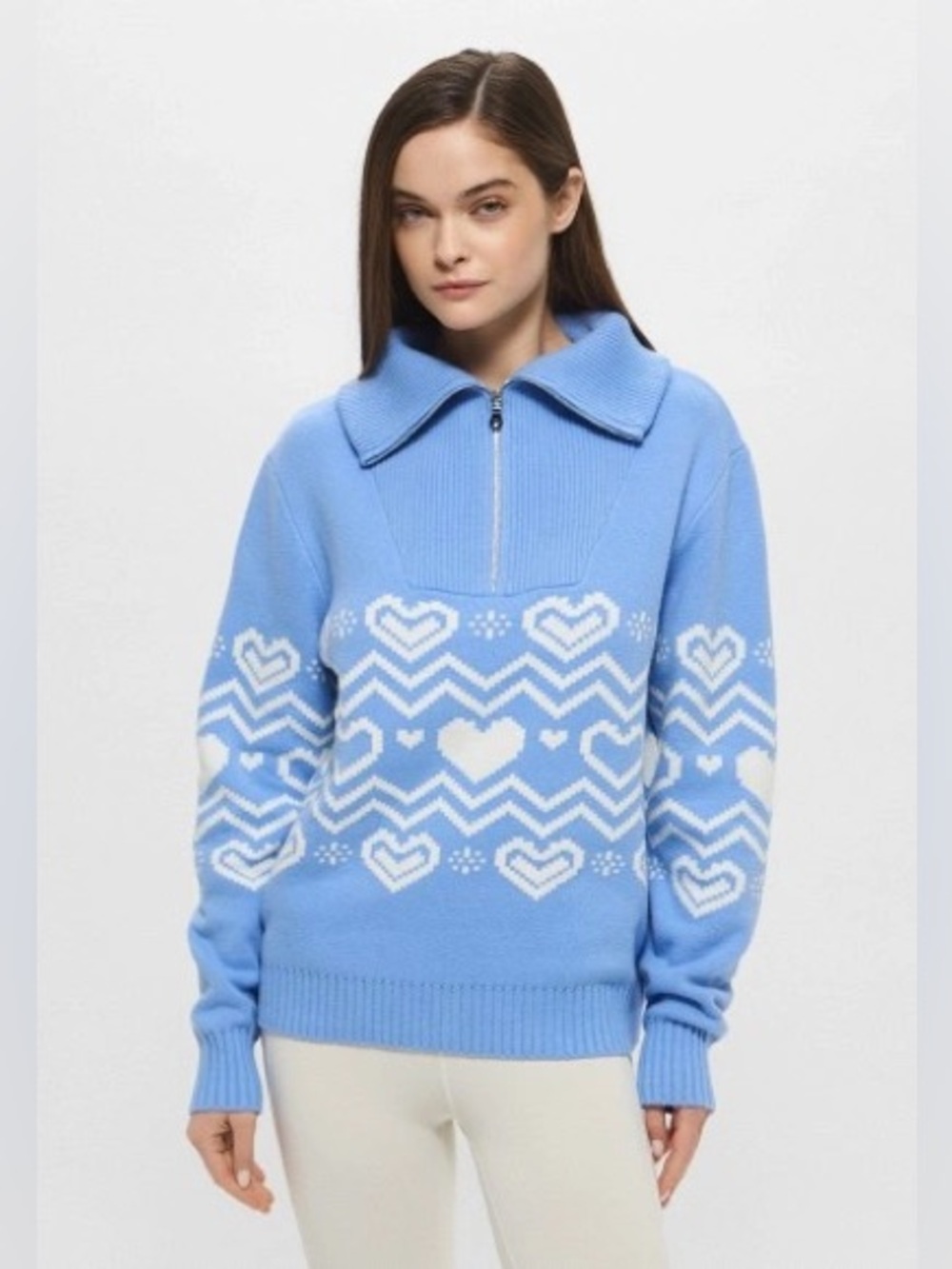 Beach Riot Monterey Heart Quarter-Zip Sweater in Blue/Ivory, Size Small